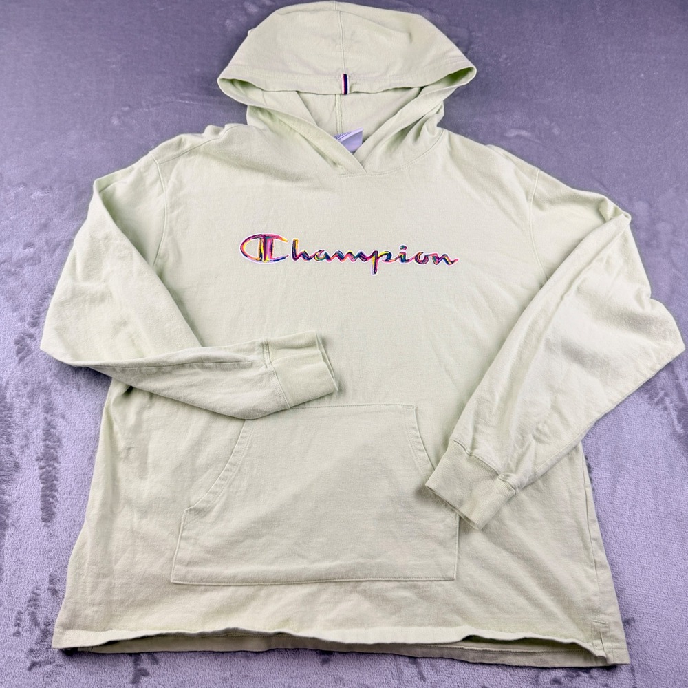 Champion Women's Large Lime Green Rainbow Script Logo Hoodie Long Sleeve Shirt